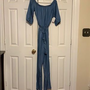 Off shoulder denim jumpsuit